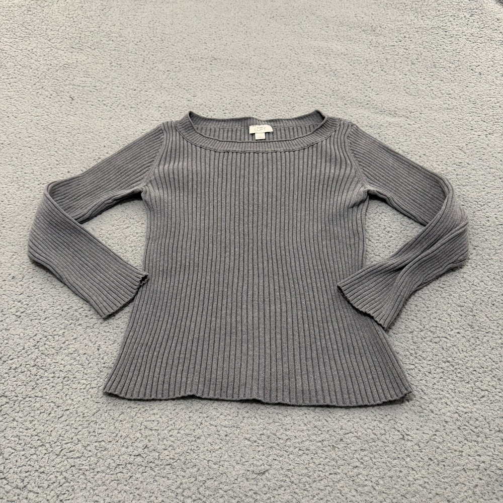 Ann Taylor Loft Sweater Womens Large Gray Ribbed Knit Boat Neck Cotton